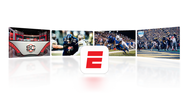 The ESPN Unlimited App logo is shown accompanied by Small images of available content on the app, like Sports Center, Professional football and college football.