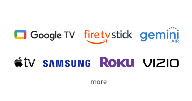 Logos for chromecast, firetvstick, gemini, peloton, Roku, and Vizio.